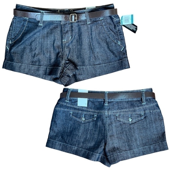 American Rag Blue Cuffed Brown & Gold Belted Jeans Shorts Flap Pocket Size 9 NWT - Picture 1 of 15